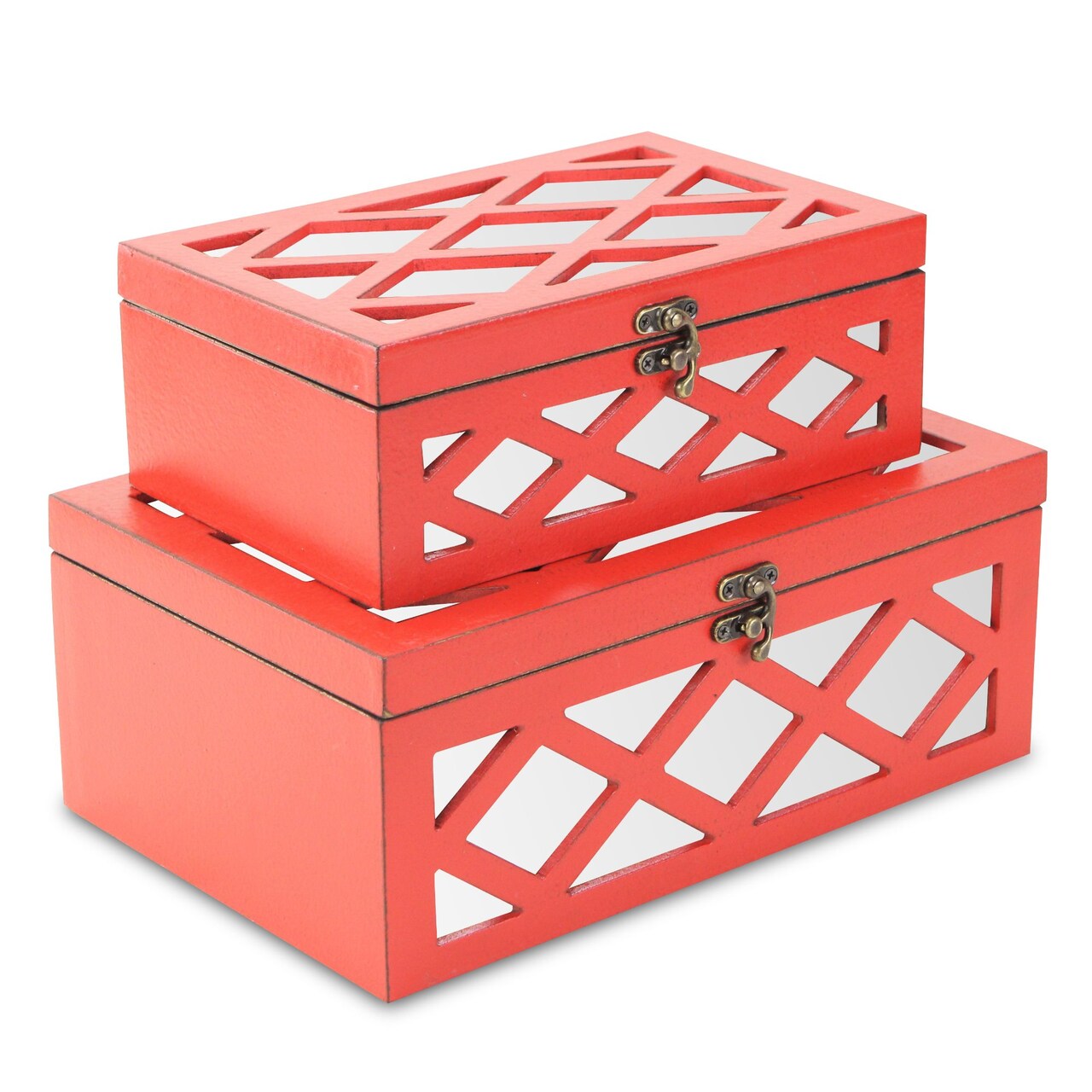 Contemporary Home Living Set of 2 Red Lattice Pattern Storage Boxes with Front and Top Mirror 12"